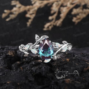 Art Deco Ring Pear Alexandrite Engagement Ring Rose gold Bridal Sets Vintage Leaf Promise Ring Nature Inspired Cluster Ring Women Jewelry image 10