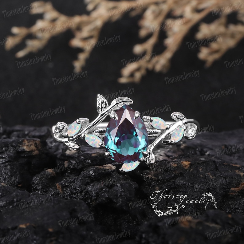 Art Deco Ring Pear Alexandrite Engagement Ring Rose gold Bridal Sets Vintage Leaf Promise Ring Nature Inspired Cluster Ring Women Jewelry image 10