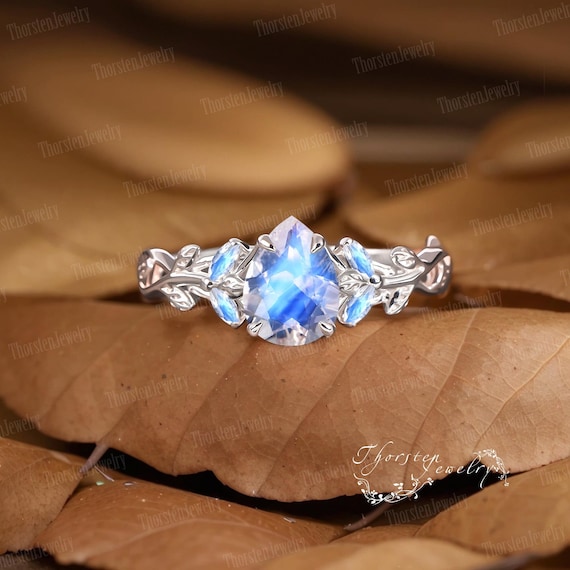 Anillo de compromiso con piedra lunar en forma de pera, anillo de