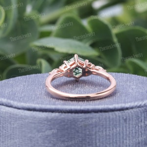 Hexagon Cut Moss Agate Engagement Ring Unique Rose Gold Wedding Ring Vintage Cluster Ring Diamond Promise Ring Anniversary gift image 3