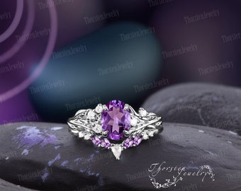 Natural Oval Amethyst Engagement Ring Sets 14k White Gold Anniversary Gifts Unique Promise Ring Bridal Sets Nature Inspired Leaf Ring