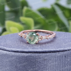 Vintage Moss Agate Engagement Ring Unique Rose Gold Wedding Ring Round Cut Cluster Ring Diamond Promise Ring Anniversary gift image 6