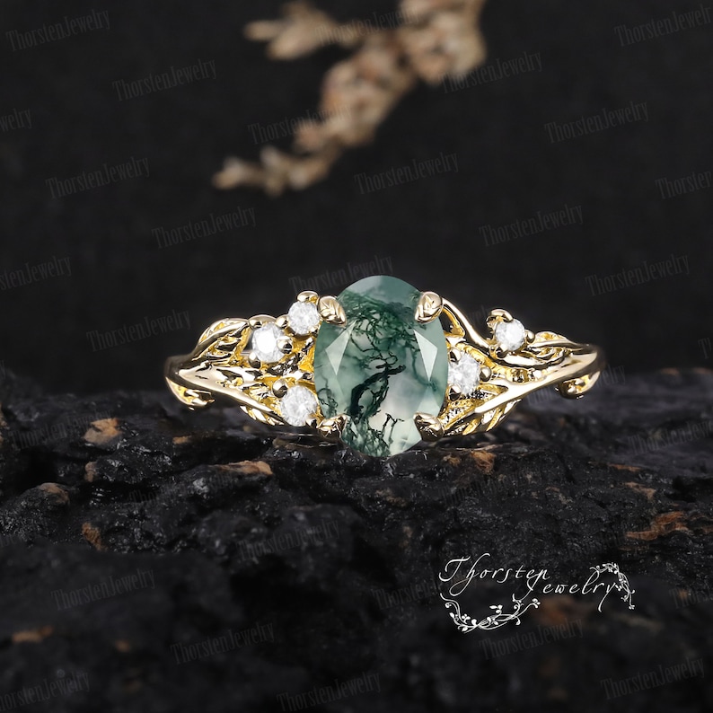Natural Oval Moss Agate Engagement Ring 14k White Gold Unique Promise Ring Bridal Ring Nature Inspired Leaf Ring Anniversary Gifts For Women image 6