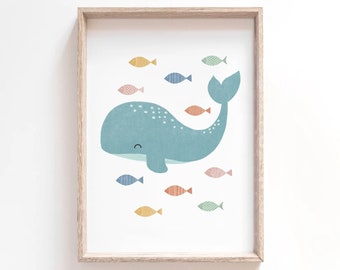 Nautical Decor Whale and Fishes Nursery Print, Coastal Nursery Art Decor for Kids Room or Baby’s Nursery, Underwater Plenty of Fish Poster