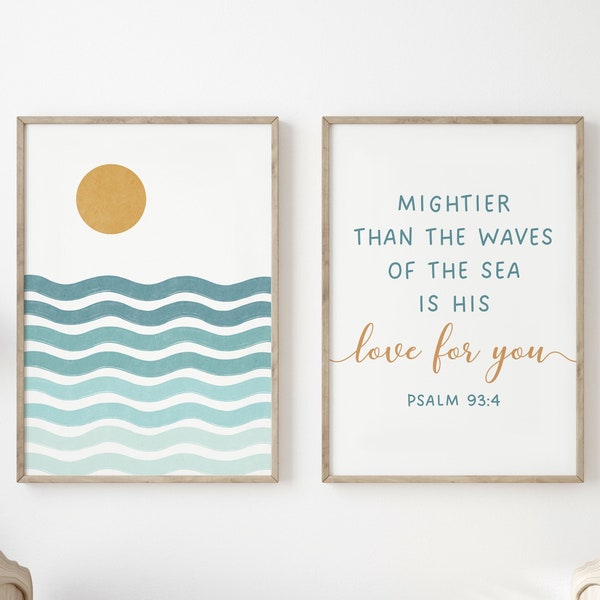 Mightier Than the Waves of the Sea Bible Verse Nautical Decor Nursery Wall Art Prints, Boho Aesthetic Ocean Waves and Sunrise Abstract Print