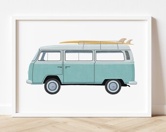 Blue Van with Surfboard Print, Vintage Car Poster, Nautical Decor Ocean Theme Nursery Wall Art, Kids Room Beach Themed Decor, Coastal Decor