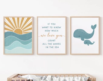 Nursery Wall Art Prints Set of 3 - Nautical Whale Baby Room Decor - Digital Download, Ocean Gender Neutral Kids Room Printable.
