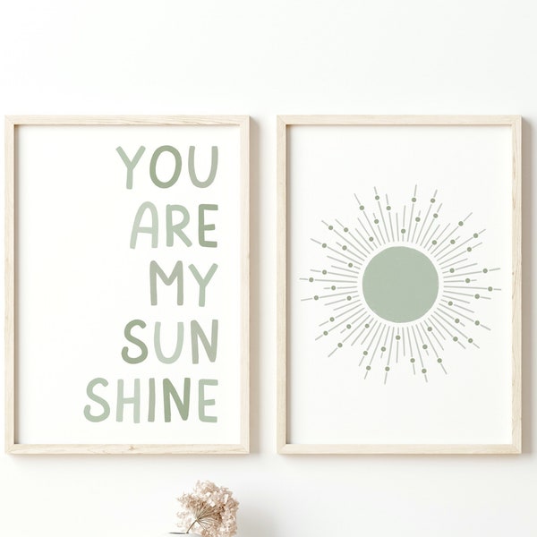 You Are My Sunshine Sage Green Nursery Decor Wall Art, Boho Print for Baby’s Room & Kids Playroom, Mid Century Sun Poster Print