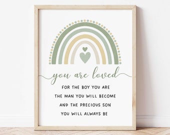 Cytat do pokoju dziecięcego "You Are Loved" do druku, dekoracja ścienna do pokoju dziecięcego, grafika ścienna do pokoju dziecięcego, szałwiowo-zielona i żółta tęcza, sztuka cyfrowa