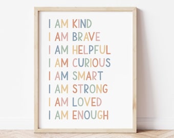 Positive Affirmations Print for Kids, I am Kind I am Smart Instant Download Kids Classroom Print, Rainbow Playroom Gender Neutral Art Print