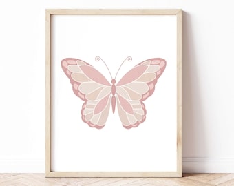 Blush Pink Butterfly Print, Baby Girl Nursery Decor Wall Art Print, Above Crib Decor Large Pink Butterfly Poster, Teen Girl Room Decor