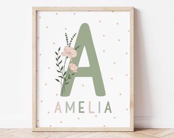 Custom Floral Initial Print for Baby Girl Nursery Decor, Green and Blush Custom Baby Name Wall Art, Girl Room Decor, Personalized Name Print