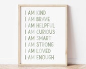 Positive Affirmations Print for Kids, I am Kind I am Smart Instant Download Kids Classroom Print, Green Playroom Gender Neutral Art Print