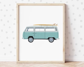 Blue Van with Surfboard Print, Vintage Car Poster, Nautical Decor Ocean Theme Nursery Wall Art, Kids Room Beach Themed Decor, Coastal Decor