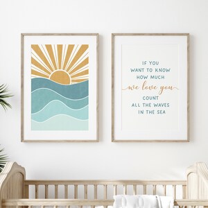 Set mit 2 Nautik-Dekor Kinderzimmer-Wand-Kunstdrucken, Kinderzimmer-Strandhaus-Dekor, Boho ästhetischer Ozean-Wellen und Sonnenaufgang-abstrakter Druck