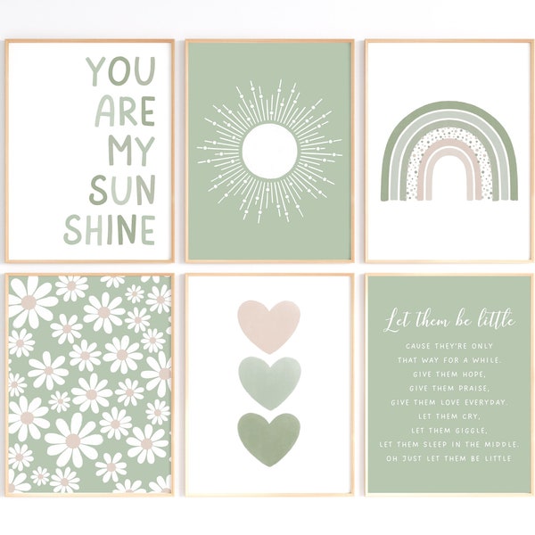 Set of 6 Sage Green Nursery Decor Wall Art Prints, Boho Print for Baby’s Room & Kids Playroom, You Are My Sunshine Rainbow Poster