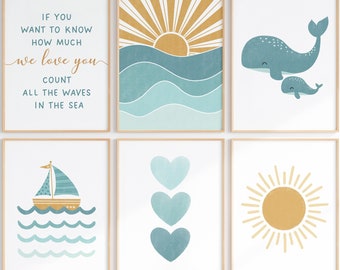 Set of 6  Nautical Decor Whale Nursery Wall Art Prints, Above the Crib Large Poster Set, Ocean Waves and Sailboat Abstract Coastal Print