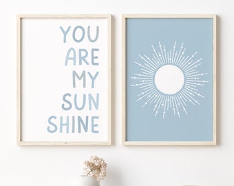 You Are My Sunshine Light Blue Nursery Decor Wall Art, Boho Print for Baby’s Room & Kids Playroom, Mid Century Sun Poster Trendy Art Print