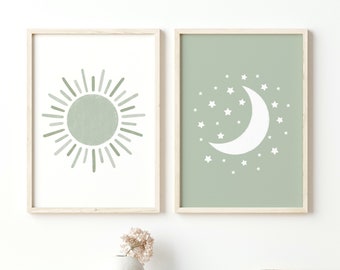 Láminas decorativas verdes con sol, luna y estrellas para la habitación del bebé, ideales para decorar la pared de la habitación infantil o la sala de juegos. Estilo bohemio.