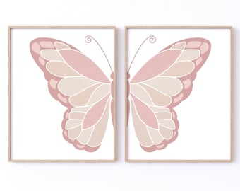 Set of 2 Blush Pink Butterfly Print, Baby Girl Nursery Decor Wall Art Prints, Above Crib Decor Large Pink Butterfly Poster