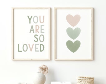 Set of 2 You Are So Loved Green Nursery Wall Art Digital Print, Boho Hearts Print for Baby Girls Room Or Kids Playroom, Sage Nursery Decor