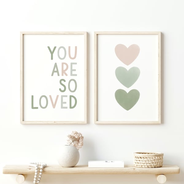 Set of 2 You Are So Loved Green Nursery Wall Art Digital Print, Boho Hearts Print for Baby Girls Room Or Kids Playroom, Sage Nursery Decor