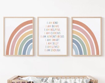 Set of 3 Kids Affirmation and Colorful Rainbow Nursery Wall Art Prints, Gender Neutral Nursery Decor, I am Enough Affirmation For Kids