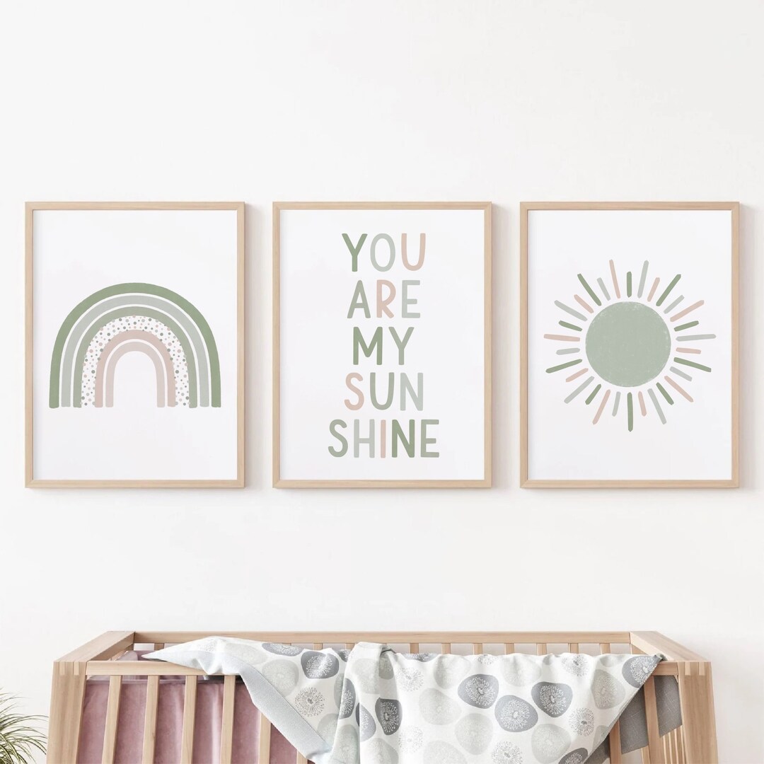 Set of 3 Green You Are My Sunshine Nursery Wall Art Print, Boho Sun ...