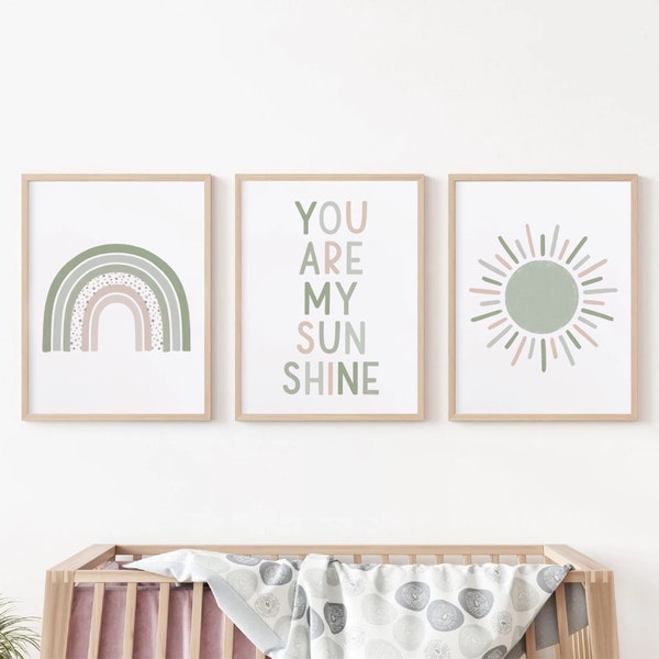 Set of 3 Green You Are My Sunshine Nursery Wall Art Print, Boho Sun & Rainbow Prints for Baby Girls Room or Children’s Playroom, Sage Decor