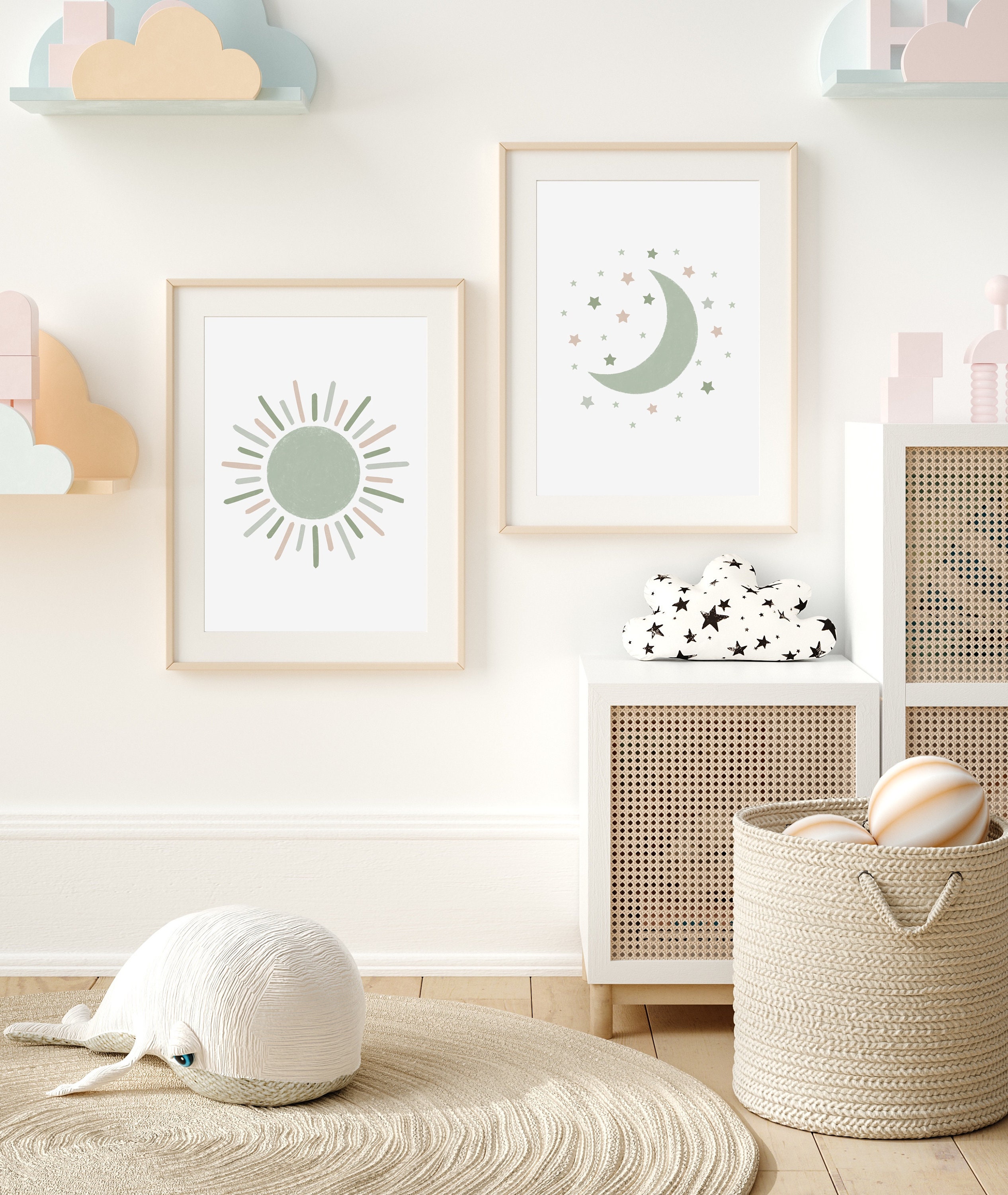 Sun Moon and Stars Green Nursery Decor Wall Art Prints, Gender Neutral ...