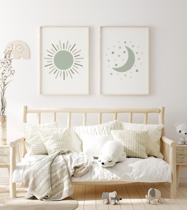 Sun Moon and Stars Green Nursery Decor Wall Art Prints, Gender Neutral ...