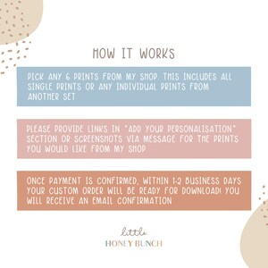 May include: A graphic with text explaining how to order prints. The text is in a sans-serif font and is displayed on rectangular blocks of blue, pink, and orange. The shop name "little HONEY BUNCH" is at the bottom.