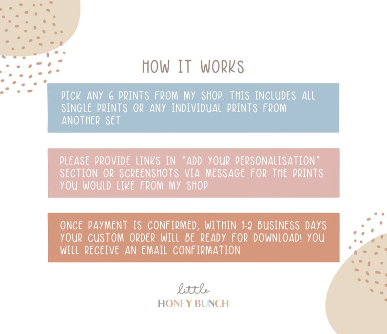 May include: A graphic with text explaining how to order prints. The text is in a sans-serif font and is displayed on rectangular blocks of blue, pink, and orange. The shop name "little HONEY BUNCH" is at the bottom.
