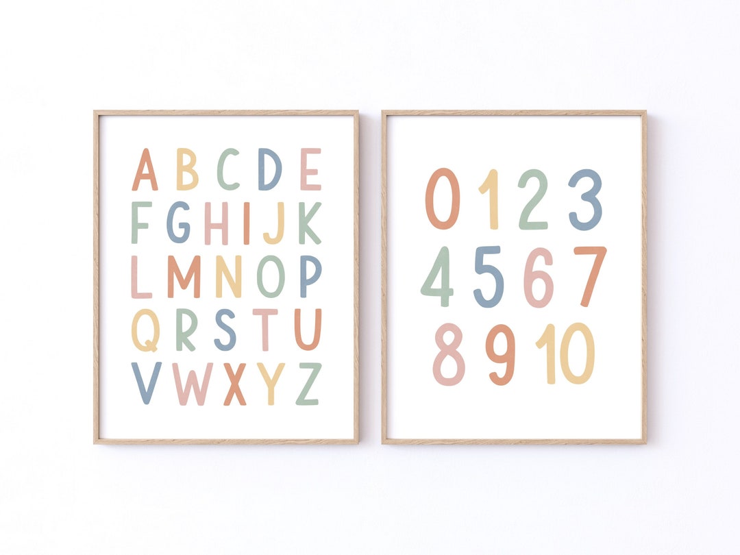 Alphabet and Numbers Posters, Educational Wall Art Prints in Rainbow ...