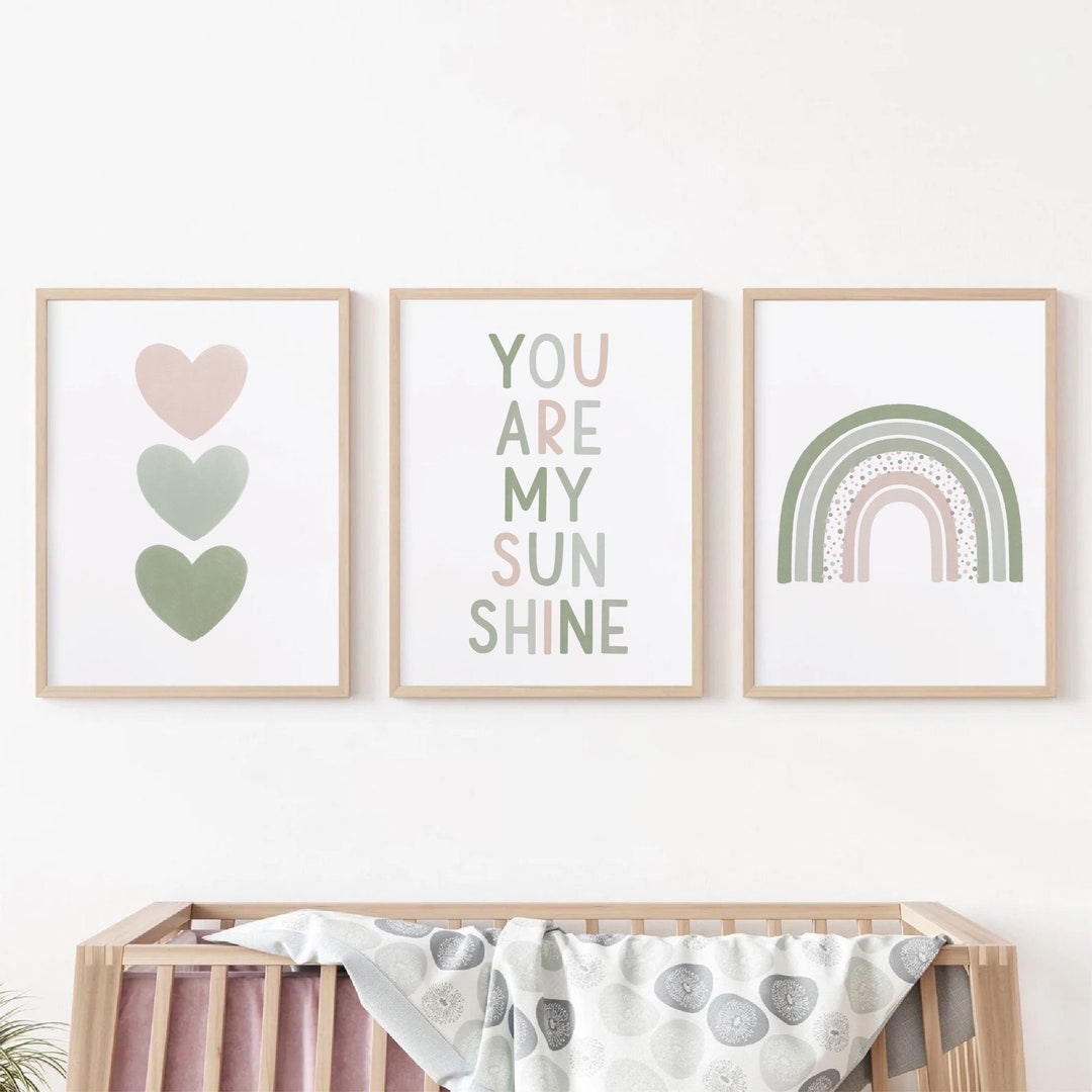 Set of 3 Green You Are My Sunshine Nursery Wall Art Print, Boho Rainbow ...