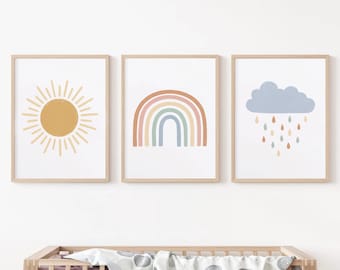 Set of 3 Colorful Sun Rain Rainbow Nursery Wall Art Prints, Boho Sun Rainbow Prints for Baby Girls or Boys Room or Playroom, Pastel Decor