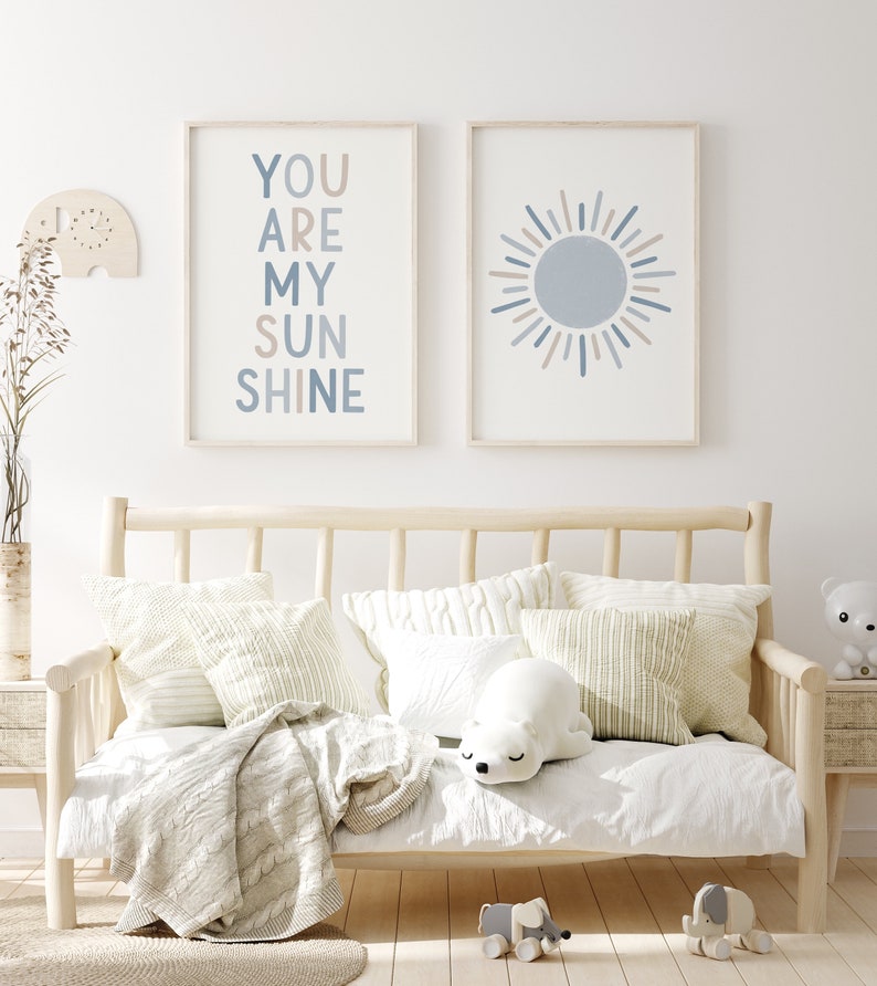 Set of 3 Blue and Beige You Are My Sunshine Nursery Wall Art Prints ...