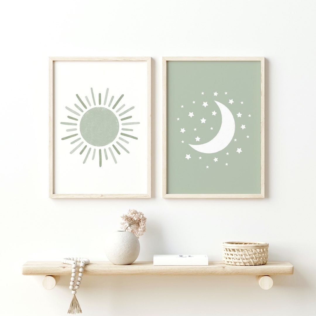 Sun Moon and Stars Green Nursery Decor Wall Art Prints, Gender Neutral ...
