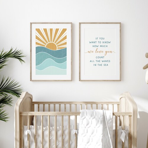 Lot de 2 tirages d'art mural pour chambre d'enfant, décoration de maison de plage pour chambre d'enfants, impression abstraite vagues de l'océan et lever de soleil