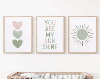 Set of 3 Green You Are My Sunshine Nursery Wall Art Print, Boho Sun & Hearts Prints for Baby Girls Room or Children’s Playroom, Sage Decor
