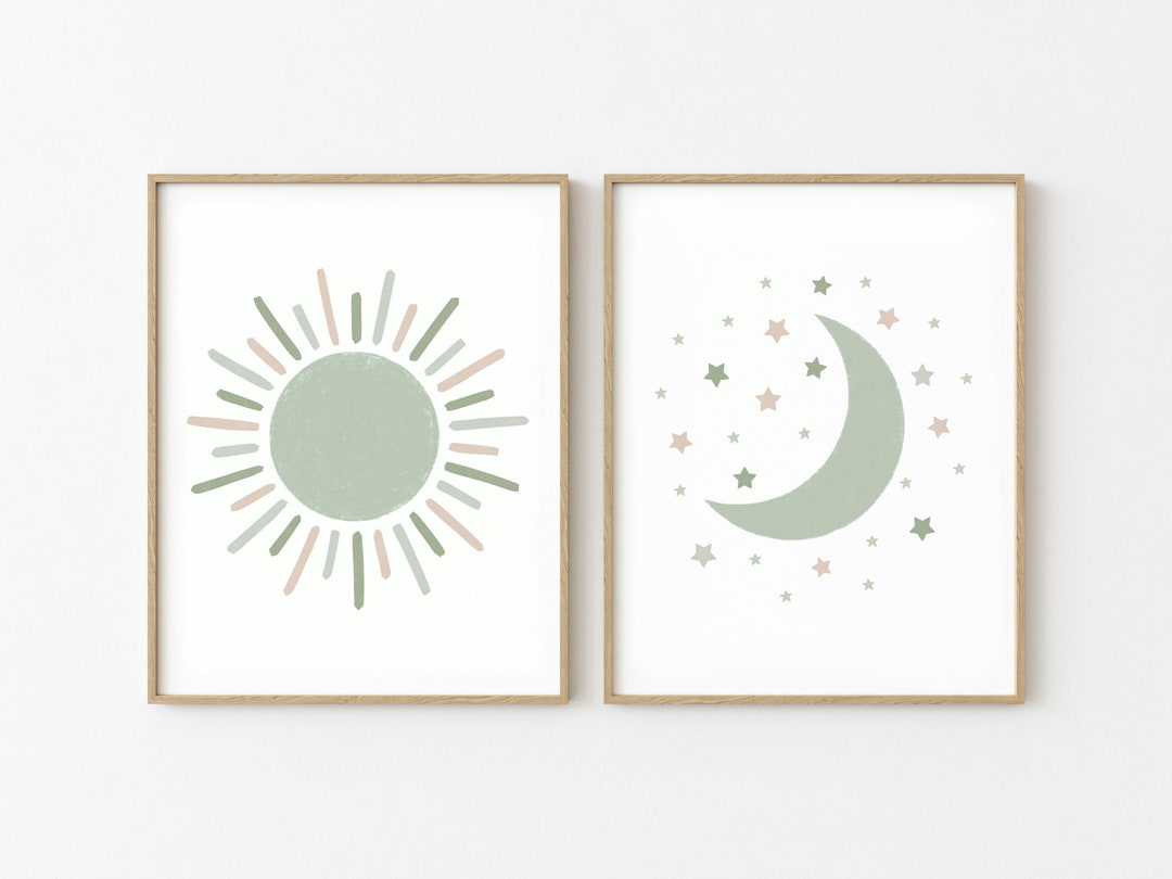 Sun Moon and Stars Green Nursery Decor Wall Art Prints, Gender Neutral ...