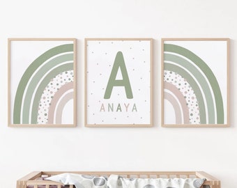 Personalized Name Print for Baby Girl Nursery Decor, Kids Playroom Decor, Green Custom Baby Name Wall Art Print, Green Rainbow Nursery Print