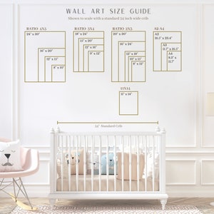 May include: Wall art size guide with dimensions in inches, shown to scale with a 54-inch crib. Includes ratios 4x5, 3x4, 2x3, and A2-A4 sizes. A pink chair and a white crib with bear pillows are in the foreground.
