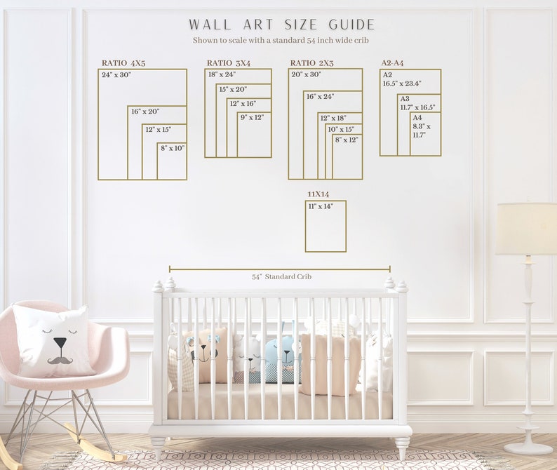 May include: Wall art size guide with dimensions in inches, shown to scale with a 54-inch crib. Includes ratios 4x5, 3x4, 2x3, and A2-A4 sizes. A pink chair and a white crib with bear pillows are in the foreground.