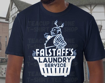 May include: A navy blue t-shirt with a white graphic of a cartoon man in a plaid shirt holding a bucket. The graphic says "Falstaff's Laundry Service" with steam coming from the bucket.