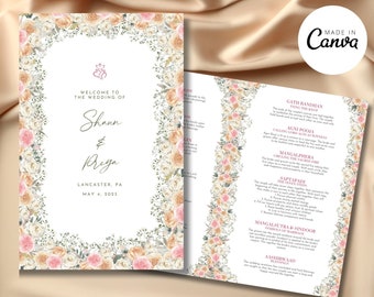 Programa de boda india: Mandap floral, rosa y blanco (plantilla de Canva)