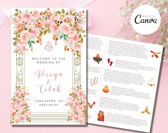 Program ślubu hinduskiego: niestandardowy szablon Canva (do pobrania w wersji cyfrowej)