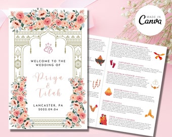 Indian Gujarati Hindu Wedding Ceremony Program Booklet Mandap Temple Floral Flowers Pink Red, Letter Print, – CANVA TEMPLATE