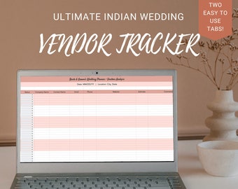May include: A laptop computer displaying a spreadsheet titled "Bride & Groom's Wedding Planner - Vendors Analysis". The spreadsheet has columns for status, company name, contact name, email, phone, website, estimate, and comments. The laptop is on a white surface with a small white bowl and a plant in the background. The text "ULTIMATE INDIAN WEDDING VENDOR TRACKER" is at the top of the image. The text "TWO EASY TO USE TABS!" is in the upper right corner of the image. The text "FOR GOOGLE SHEETS & EXCEL!" is at the bottom of the image.