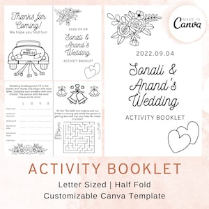 Puede incluir: Un folleto de actividades imprimible en blanco y negro para una boda. El folleto tiene una portada con el texto "Sonali & Anand's Wedding" y la fecha "2022.09.04". Las páginas interiores incluyen juegos y actividades para que los invitados disfruten de la boda.